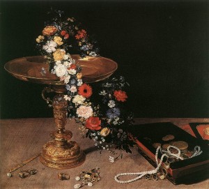 Naturaleza muerta con copa, corona de flores y joyero